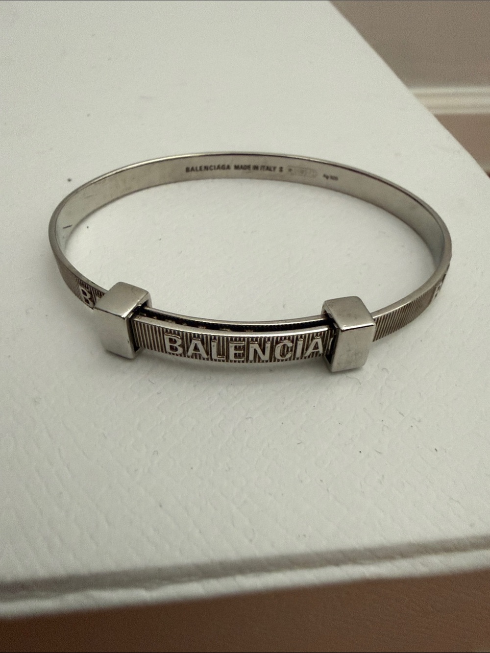 Balenciaga Silver-tone Engraved Logo Bangle Size Small